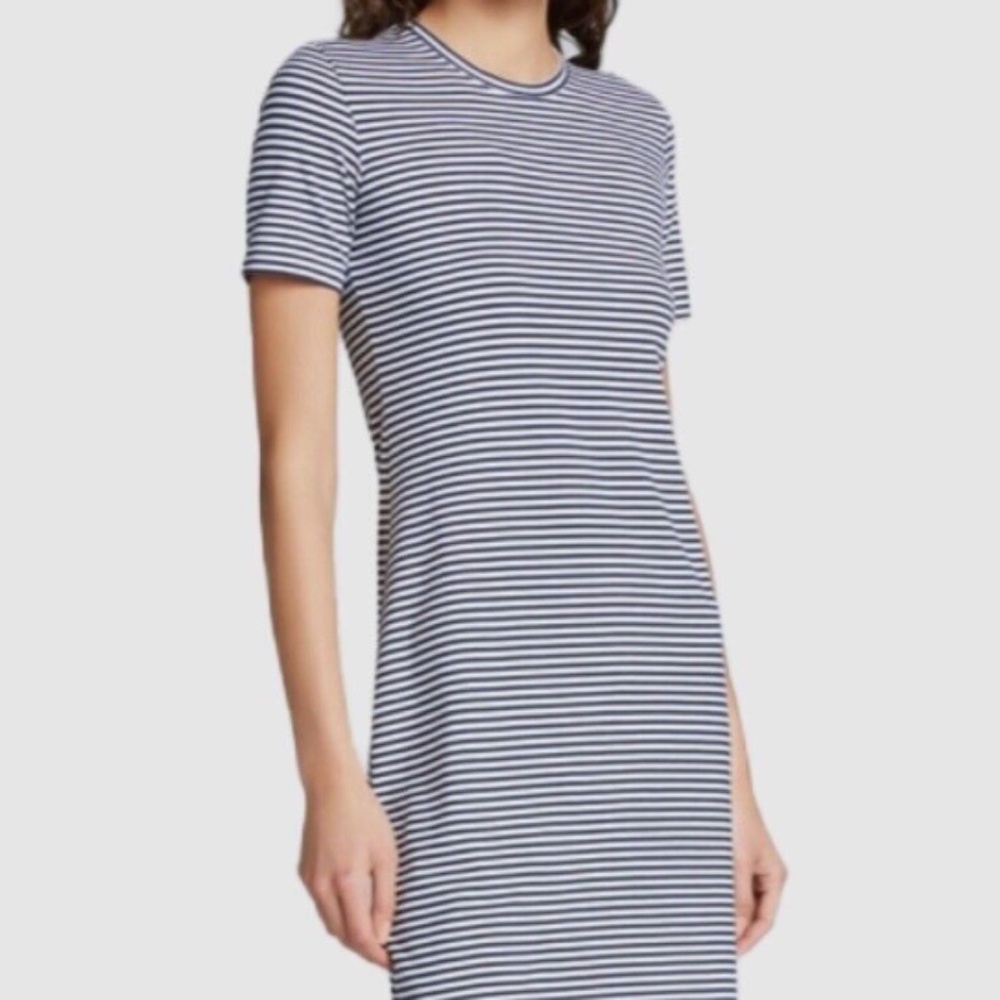 Theory crewneck short sleeved navy and white striped mini dress, size S